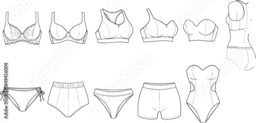 Women lingerie and swimwear technical fashion illustration set showing bras panties bodysuits bikinis and shapewear front views vector