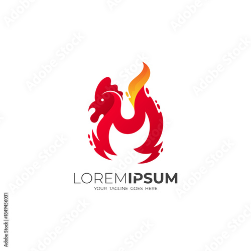 rooster logo and a burning fire, grilled chicken cooking