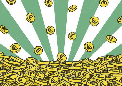 降り注ぎ、山積みのユーロコインと放射線背景　ベクターイラスト　