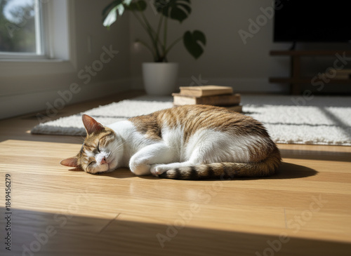 Wallpaper Mural Relaxed cat with brown and white fur is peacefully sleeping on wooden floor in sunlit room, creating calm and cozy atmosphere with soft natural light Torontodigital.ca