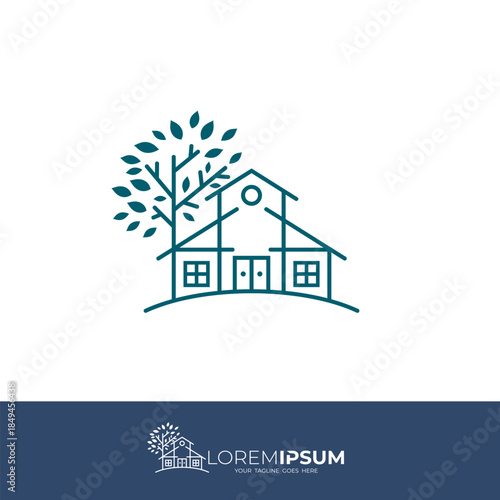 logo of a comfortable house and a big tree, line style