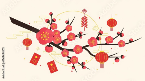 Vibrant chinese new year graphic with blooming cherry blossoms