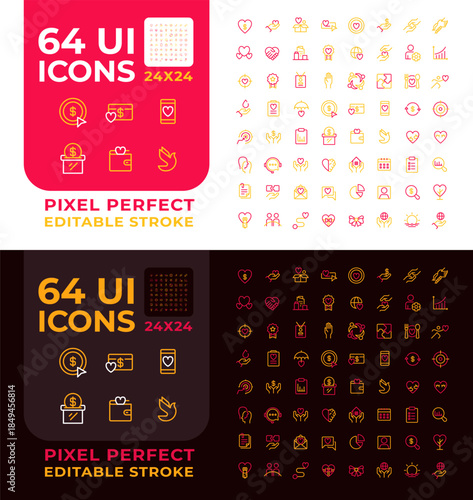 Donations colorful line ui icons set for light and dark mode. Non profit organization activity. Voluntary support of vulnerable people colorful line ui icons set for light and dark mode