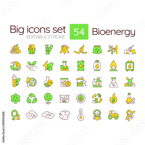 Bioenergy line color icons set. Renewable energy, production processes. Environmental impact. Waste management. Vector illustrations. Simple flat colorful symbols collection. Editable stroke