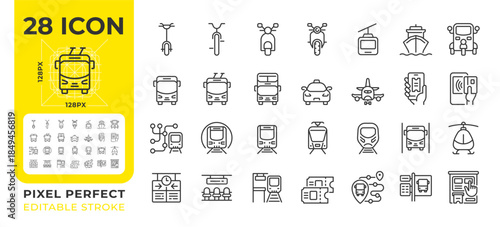 Public transport pixel perfect line icons set. Shared mobility system. Traffic regulation. Vehicle types. Isolated vector outline illustrations. Thin lineart iconset symbols. Editable stroke