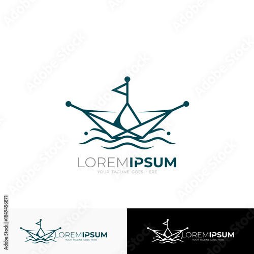 small boat logo in the middle of the ocean, line style design