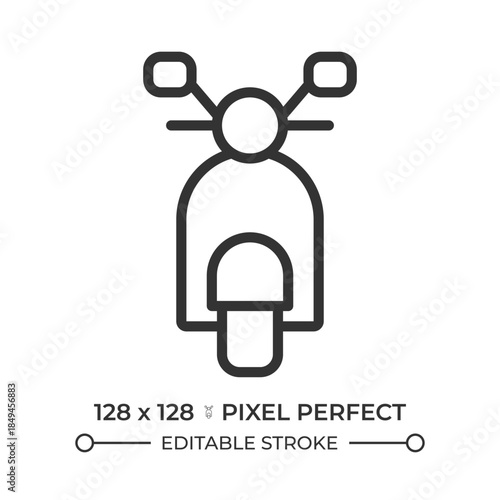 Motor scooter pixel perfect line icon. Motorcycle with underbone and step through frame. Riding vehicle. Isolated vector illustration. Outline symbol. Simple linear drawing. Editable stroke