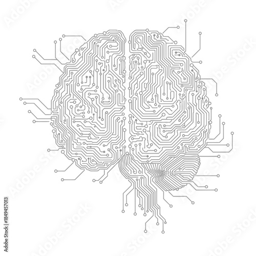 An abstract illustration of a human brain rendered as a complex circuit board with intricate pathways and connections, symbolizing artificial intelligence and digital thought processes.