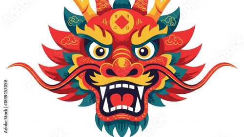 Vibrant red and gold dragon head with sharp teeth and fierce