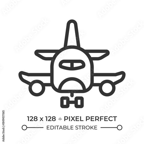 Aircraft pixel perfect line icon. Passenger airplane flight. Travelling by air fast and safely. Public transport. Isolated vector illustration. Outline symbol. Simple linear drawing. Editable stroke