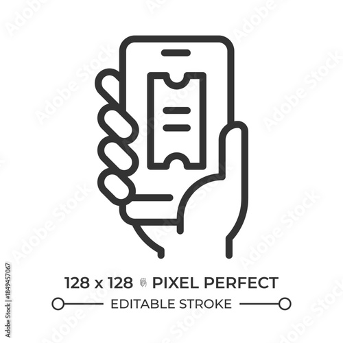 Hand holding smartphone with e ticket pixel perfect line icon. Payment fares. Digital service for passengers. Isolated vector illustration. Outline symbol. Simple linear drawing. Editable stroke