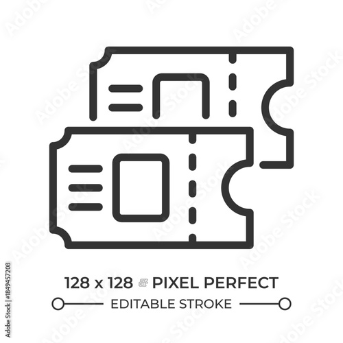 Tickets pixel perfect line icon. Vouchers to ride public transport. Pass to entertainment event. Lifestyle. Isolated vector illustration. Outline symbol. Simple linear drawing. Editable stroke