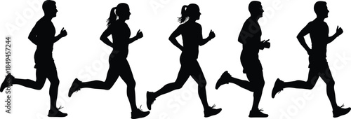 Silhouette runners in motion illustrating fitness, jogging, exercise and active lifestyle, group running activity concept for health, training, sports and wellness illustration