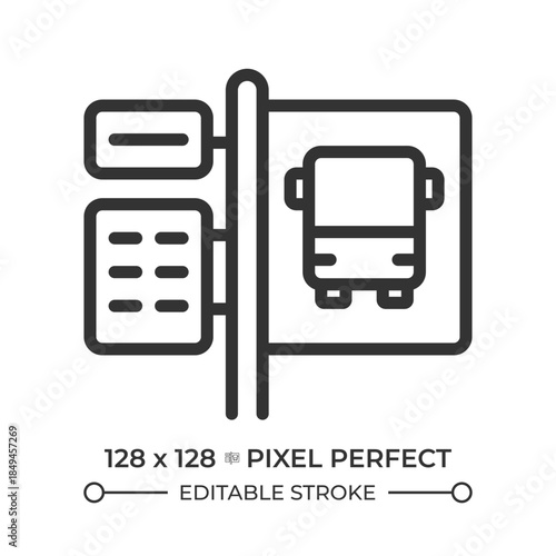Bus stop pixel perfect line icon. Road sign at public transport station. Information for passengers. Isolated vector illustration. Outline symbol. Simple linear drawing. Editable stroke