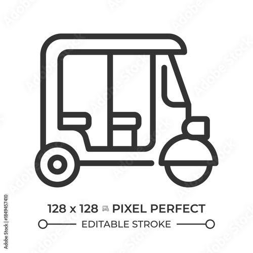 Tuk tuk car pixel perfect line icon. Auto rickshaw. Public transport in Southeast Asia. Taxi service for tourists. Isolated vector illustration. Outline symbol. Simple linear drawing. Editable stroke