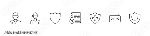 Security personnel and protection line icons set, guard staff and safety measures with medical shield