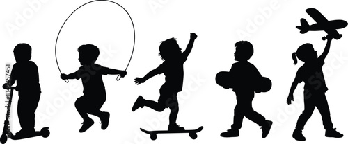 Silhouettes of children playing with scooter jump rope skateboard ball and toy airplane in active outdoor motion, vector illustration design