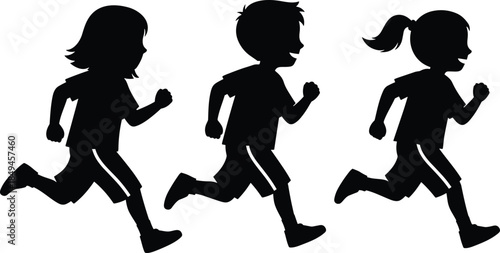 Set of three smiling children silhouettes, including boys and a girl, running or jogging happily, symbolizing childhood energy, speed, and health activity.