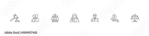 Lawyer gavel, team people group, person with book, doctor, hand holding water drop, justice scales