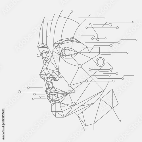 Abstract geometric representation of a human face with digital circuit connections, symbolizing artificial intelligence and technology.