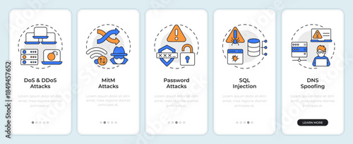 Access manipulation attack onboarding mobile app screen. Walkthrough 5 steps editable graphic instructions with linear concepts. UI, UX, GUI. Montserrat SemiBold, Regular fonts used