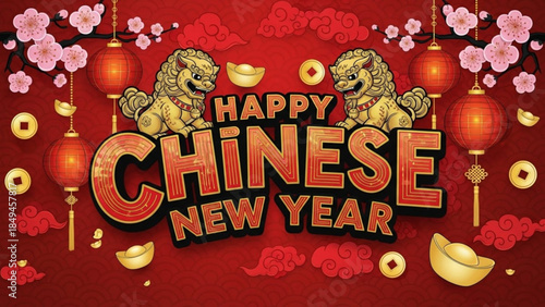 Vibrant happy chinese new year greeting with lion dance figures