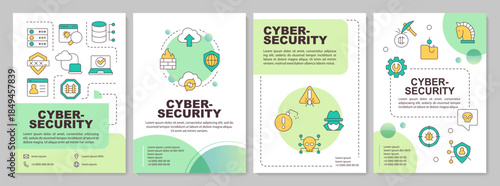 Cyber security green circle brochure layout. Internet safety, data protection. Leaflet advertising design with color line icons. Editable 4 pages. Arial-Bold, Myriad Pro-Regular fonts used
