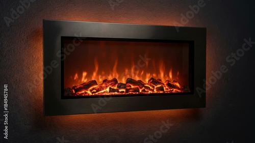A modern electric fireplace mounted on a textured dark wall emits a warm orange glow with realistic flames and burning logs, creating a cozy