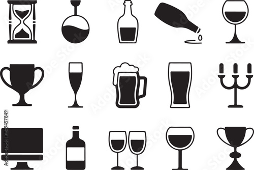 Set of drink and trophy icons vector illustration alcohol drinks restaurant bar menu wine beer glasses cup