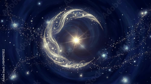 A mesmerizing cosmic scene featuring a glowing golden crescent moon shape formed by swirling particles against a deep blue nebula background dotted