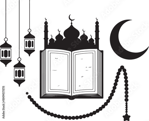 Islamic religious symbols set mosque koran lanterns prayer beads and moon for ramadan eid celebration