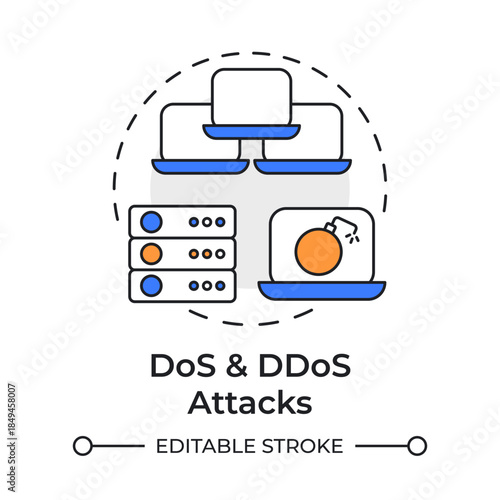 DoS and ddos attacks multi color concept icon. Network vulnerability, database management. Round shape line illustration. Abstract idea. Graphic design. Easy to use in brochure, booklet