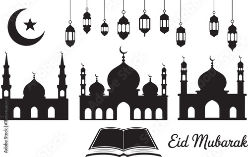 Islamic vector elements with mosque crescent moon star lanterns holy book and Eid Mubarak text on transparent background