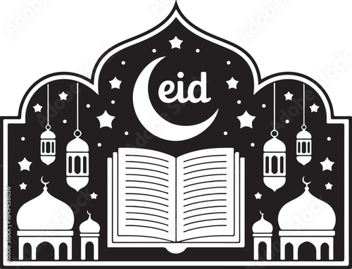 Islamic festive silhouette: a crescent moon, stars, mosque lanterns, holy book, and minarets frame Eid celebration