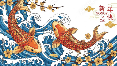 Vibrant orange koi fish swim through blue waves with cherry