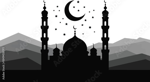 Serene mosque silhouette against a mountainous backdrop at night, featuring a crescent moon and scattered stars