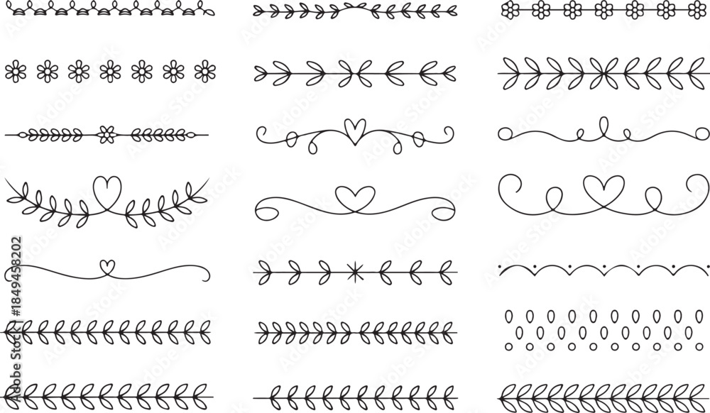 Obraz premium Collection of ornamental dividers and borders with floral leaves hearts and dots in hand drawn style on checkered background