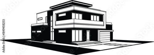 Simple Gabled House Vector Silhouette with Two Windows and Smoke Coming from Chimney, Symbolizing Home Heating, Comfort, Residential Property, and Cozy Winter Atmosphere.