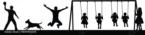 silhouette of children on swings and people playing with dog at playground, outdoor park family fun and recreation vector