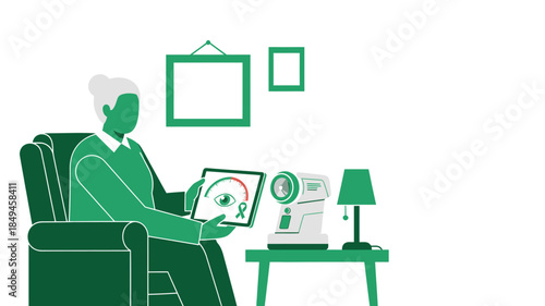 Elderly person using digital tablet in a cozy living room environment from a side viewpoint