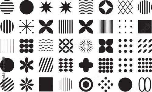 Collection of various geometric shapes and patterns in black color isolated on a transparent background vector illustration