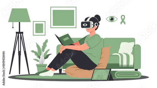 A woman wearing virtual reality headset relaxing on a couch at home with a tablet in a serene environment