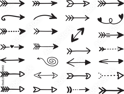 Collection of various hand drawn arrow symbols and pointers in black color isolated on transparent background vector illustration