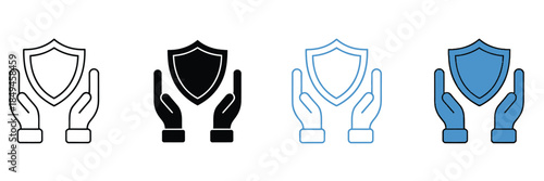 Hands holding shield icon set, representing protection, safety, secure support, reliable defense, trust assurance, modern protective symbolism