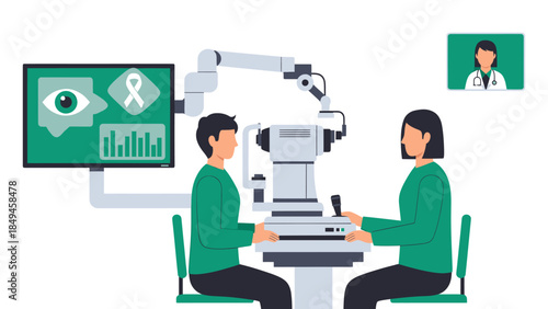 Medical Professionals Conducting Modern Telehealth Consultation Using Advanced Ophthalmology Equipment