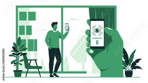 A man interacts with a telemedicine platform on his phone in a modern home setting with a green aesthetic