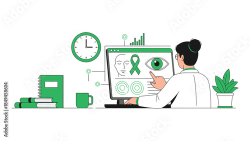 A healthcare professional interacts with a modern telehealth platform on a computer in a serene office environment