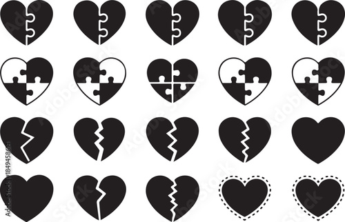 Variety of heart shaped vector icons including puzzle pieces broken hearts and outline designs