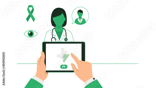 Medical Professional Using Tablet for Telehealth Services with Patient Icons and Health Symbols Surrounding