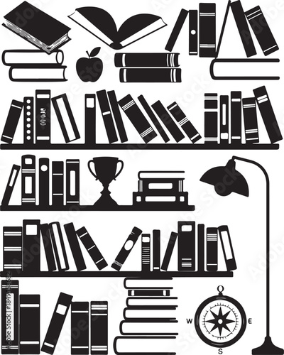 Silhouettes of books stacked on shelves and loose, representing knowledge and education, classic library scene